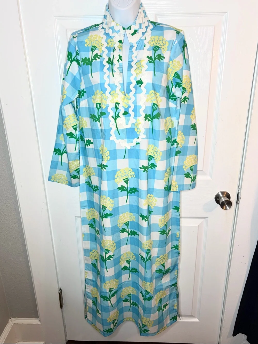 SAIL TO SABLE Long Sleeve Cotton Blue Gingham Floral Print Midi Dress M NWT - Picture 3 of 11